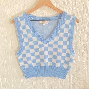 No Comment Light Blue and White Checkered Print Sleeveless Sweater Vest Size XL